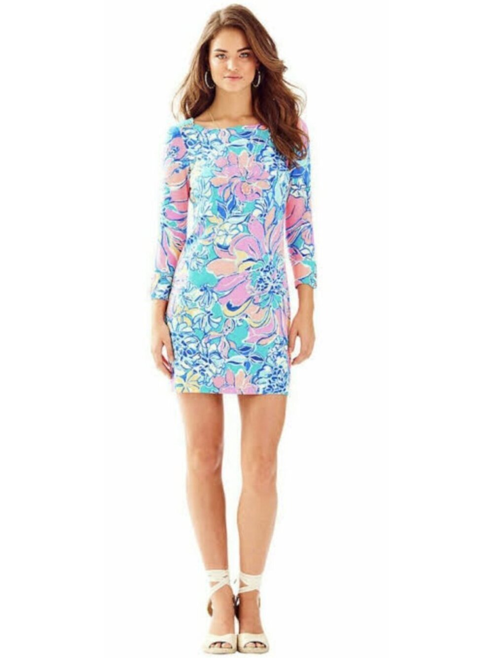Lilly Pulitzer Sophie UPF 50+ Dress Small Floral Pink Turquoise 3/4 Sleeve